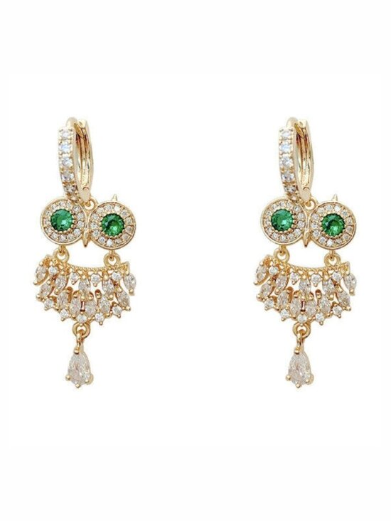 Jewelry - Owl Earrings Green Eyes Rhinestones 925 Silver Gold Vermeil Pierced NWT M387
